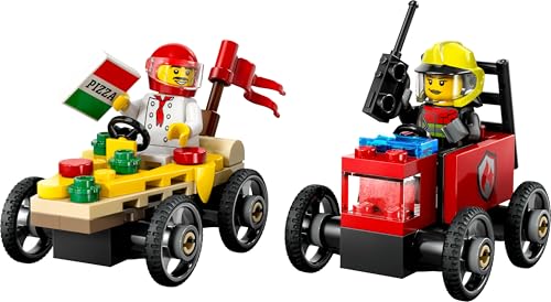 LEGO City Pizza vs. Fire Truck Race Car Pack with 2 minifigures, showcasing colorful soapbox cars and fun vehicle design.