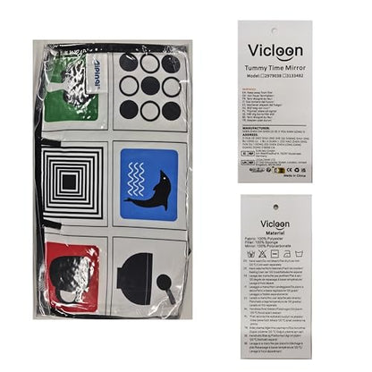 Vicloon Tummy Time Mirror, Baby Mirror Black and White Sensory Toys Tummy Time Activity Mirror, Baby Mirror Toy Safe Foldable with High Contrast Patterns Play and Pat Activity Mat for Newborn Infants
