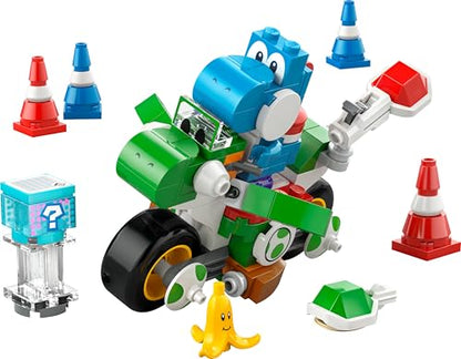 LEGO Super Mario Yoshi Bike Set with Mario character figure, building toy for kids aged 7 and up, perfect for independent play.