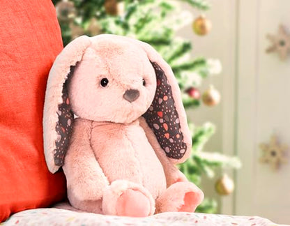Pink plush bunny toy from B. toys, 12-inch huggable stuffed animal with soft, washable fabric for newborns and toddlers.