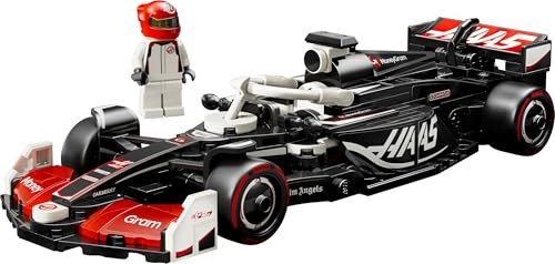 LEGO Speed Champions MoneyGram Haas F1 Team VF-24 race car model kit with collectible Formula 1 driver minifigure.