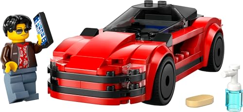 LEGO City red sports car toy with driver minifigure and accessories, designed for kids aged 5 and up.