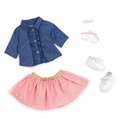 18-inch Our Generation Emily girl doll in pink dress and denim top, wearing stylish glasses and featuring a huggable soft body.