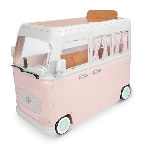 Our Generation 18-inch doll camper playset with 58 pieces, featuring a toy vehicle and electronics for pretend play.
