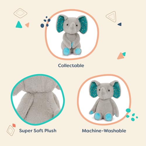 Soft plush elephant doll by B. toys, cuddly stuffed animal toy for all ages, machine washable, ideal for newborns and kids.