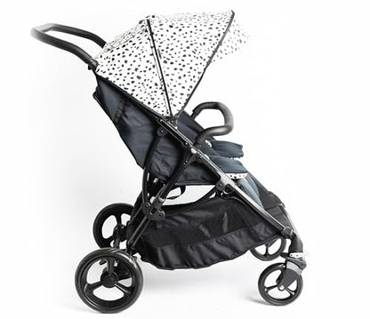 Roma Gemini 2 Twin Double Complete Stroller - Including 2 x Hoods, Harness Pads, Padded Liners and Rain Cover. Compact Fold, 69 cm Wide, Supports Up to 22 kg Per Seat | Side by Side Pram - Dalmatian