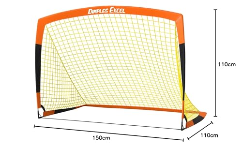 Dimples Excel pop-up football goal, 5x3.6 ft, black and orange, portable foldable garden net for football fans.