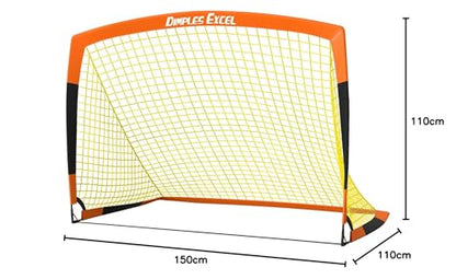 Dimples Excel pop-up football goal, 5x3.6 ft, black and orange, portable foldable garden net for football fans.
