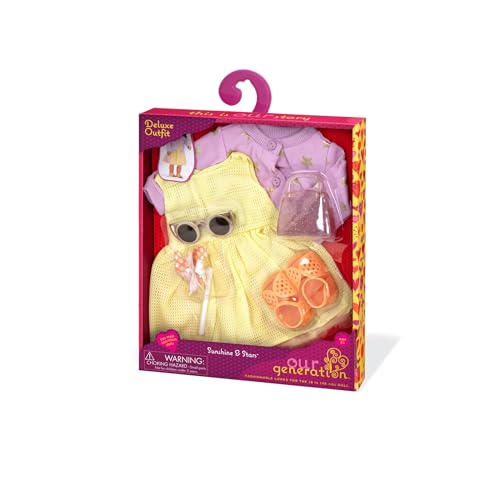 Summer dress and accessories set for 18-inch dolls by Our Generation, featuring sunny day themes and vibrant colors.