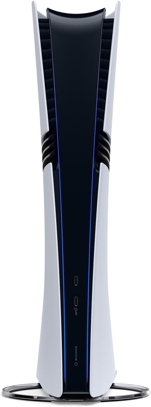 PlayStation 5 Pro gaming console with sleek black design and modern cooling vents, front view showing disc drive and ports.