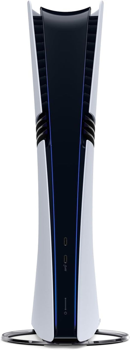 PlayStation 5 Pro gaming console with sleek black design and modern cooling vents, front view showing disc drive and ports.