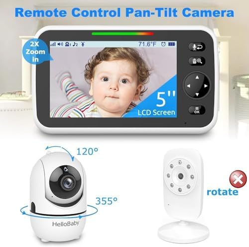 HelloBaby HB6550 baby monitor with camera, night vision, 5-inch display, 30-hour battery, pan-tilt-zoom, and two-way talk.