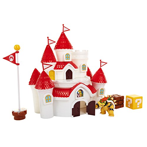 Nintendo Mushroom Kingdom Castle playset with Bowser figure, accessories, wall poster, and detailed castle structure for imaginative play.
