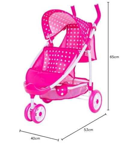 Roma Dotty Dolls Pram with 2 Seats - Dolls Pushchair for 2 Dolls or Teddies, Dolls Double Buggy with Handle Height of 65cm, Suitable for Age 3+, Includes Shopping Basket