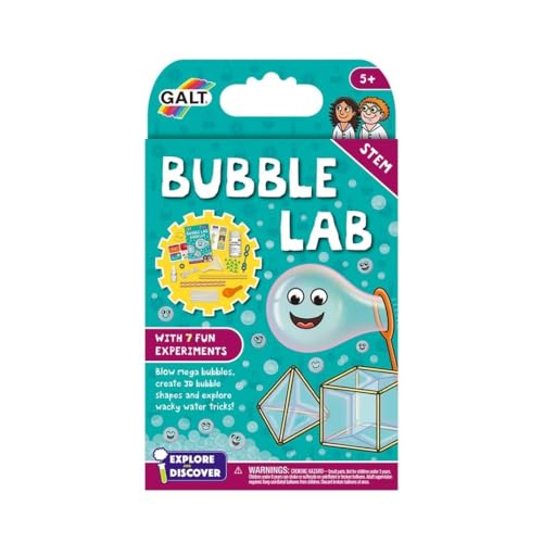 Galt Bubble Lab science kit for kids showing colorful bubble shapes, water tricks, and STEM experiment guide for children ages 5+