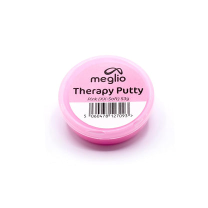Pink Meglio Hand Therapy Putty for strength training and stress relief, with variable resistive strength, shown in a resealable container.