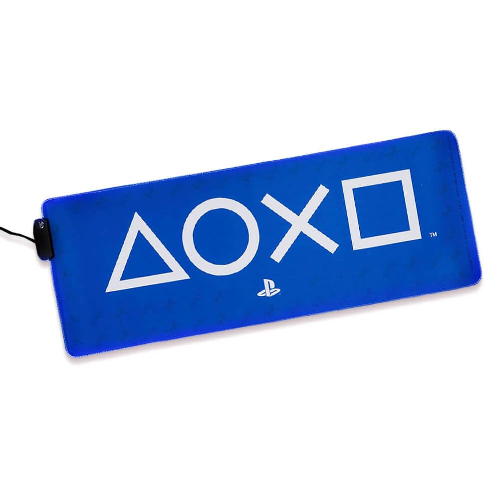 Paladone PlayStation light-up desk mat with large gaming mouse pad featuring illuminated design for office and gaming setups.