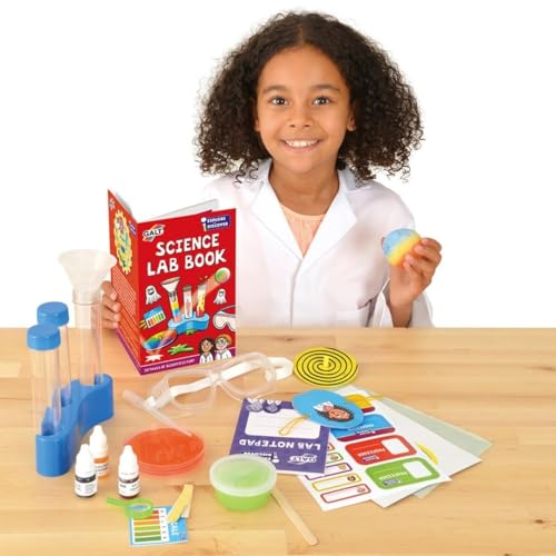 Galt Science Lab kit for kids with colorful experiment tools, guidebook, and materials for making kaleidoscopes, lava lamps, and bouncy balls.