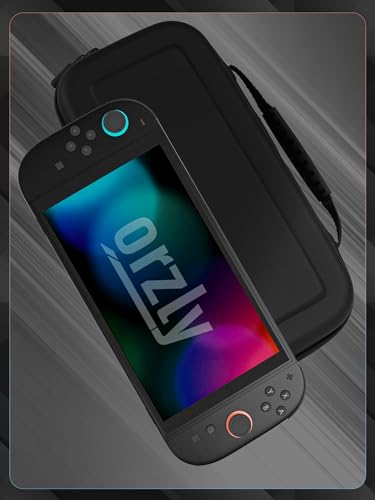 Orzly Nintendo Switch 2 travel case with screen padding, game card slots, microSD storage, zipped pockets, and gift box packaging.