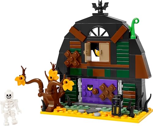 LEGO Halloween Barn toy with a skeleton minifigure, bat, and spooky lamps for creative play and display.