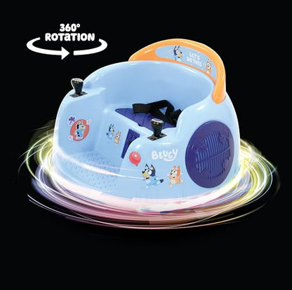 Bluey Kids Bumper Car with LED lights, 360° spin, sounds, and safety features, designed for toddlers aged 3+ and up to 30kg.