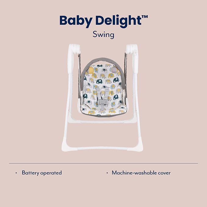 Graco Baby Delight Swing in Parade fashion, showing compact fold, lightweight design, suitable for infants from birth to 6 months.