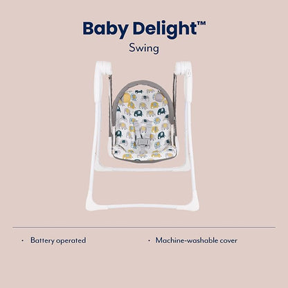 Graco Baby Delight Swing in Parade fashion, showing compact fold, lightweight design, suitable for infants from birth to 6 months.