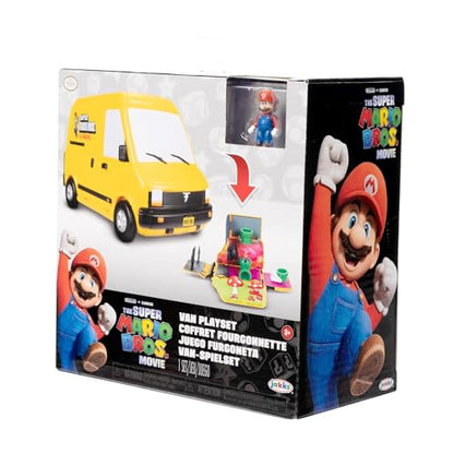 Super Mario Bros Movie Van Playset by Jakks Pacific featuring a transforming vehicle, Mario figure, warp pipe, and movie scene details.