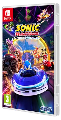 SEGA Sonic Racing: CrossWorlds Nintendo Switch game cartridge with colorful cover art featuring Sonic and racing characters.