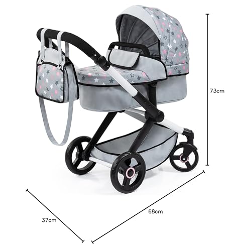 Light grey and pink Bayer Baby Dolls Pram XEO with adjustable handle, convertible doll stroller, carrycot, and changing bag for girls.