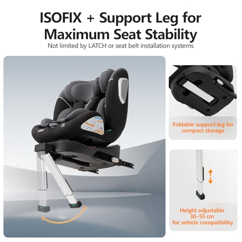 Vasacava Baby Car Seat 360° Rotating i-Size R129 ISOFIX with Support Leg Newborn to 12 Years Side Impact Protection Adjustable Headrest & Recline Group 0+1+2+3 Suitable from 40–150cm