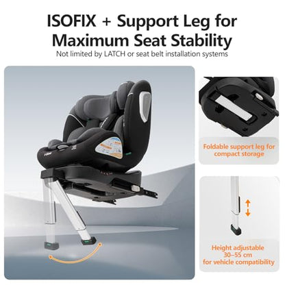 Vasacava Baby Car Seat 360° Rotating i-Size R129 ISOFIX with Support Leg Newborn to 12 Years Side Impact Protection Adjustable Headrest & Recline Group 0+1+2+3 Suitable from 40–150cm
