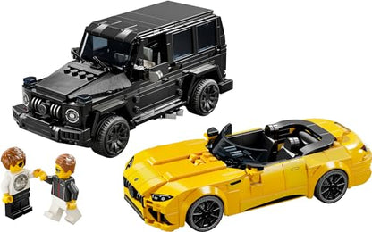 LEGO Speed Champions set featuring Mercedes-AMG G 63 and SL 63 cars with two driver minifigures for kids.