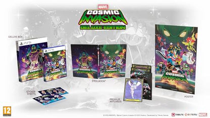 Marvel Cosmic Invasion Deluxe Edition PS5 game case with artwork featuring cosmic-themed characters and vibrant space background.