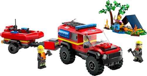 LEGO City 4x4 fire engine with rescue boat, dinghy, trailer, tent, camper, and two firefighter minifigures for imaginative play.