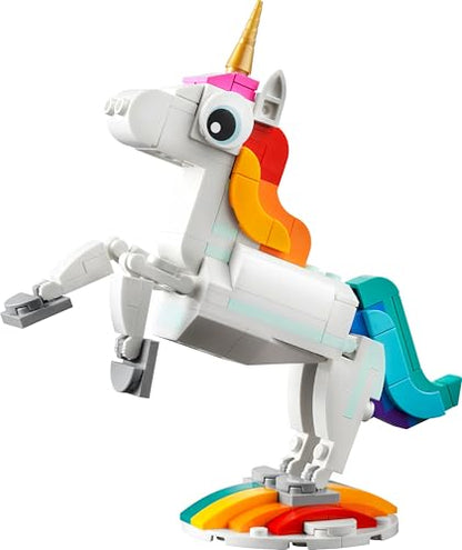 LEGO Creator 3in1 Magical Unicorn toy, colorful animal figure, transforms into seahorse or peacock, ideal for creative play.