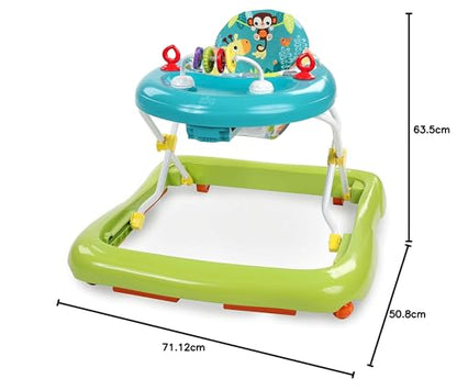 Bright Starts Giggling Safari Walker with easy fold frame, featuring colorful animal design for infants aged 6 months and up.