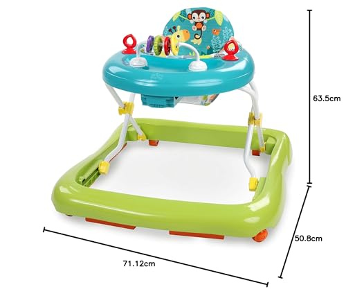 Bright Starts Giggling Safari Walker with easy fold frame, featuring colorful animal design for infants aged 6 months and up.