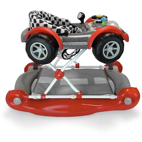 MyChild Red Coupe Walker for babies aged 6 months plus, featuring a compact fold frame, safety blocks, and adjustable height.