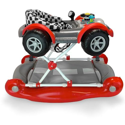 MyChild Red Coupe Walker for babies aged 6 months plus, featuring a compact fold frame, safety blocks, and adjustable height.