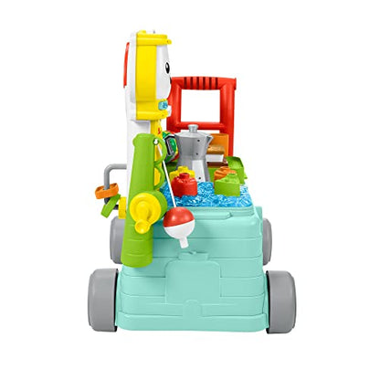 Fisher-Price Laugh & Learn 3-in-1 On-The-Go Camper for infants, featuring colorful activity center and musical push walker.
