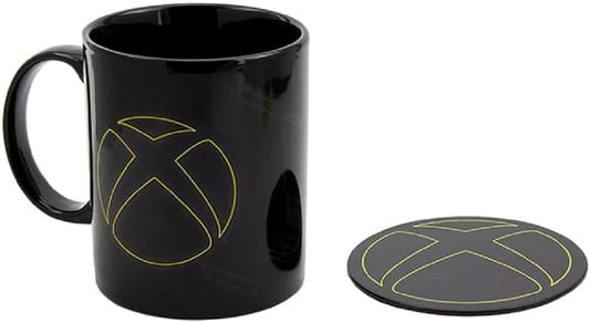 Paladone Xbox mug with matching metal coaster featuring Xbox logo and gaming design, perfect for gaming fans.