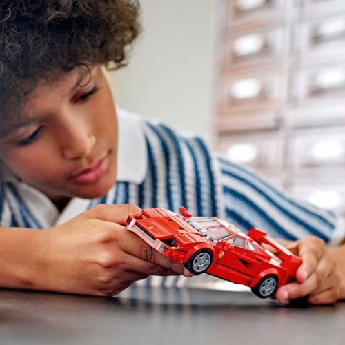 LEGO Speed Champions Ferrari F40 model car set with driver minifigure, ideal for kids' bedroom decoration.