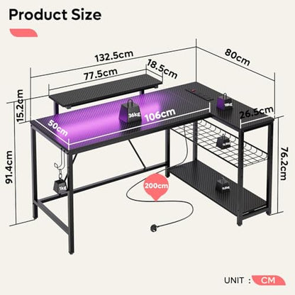 Bestier 132.5cm L-shaped workstation with carbon fiber surface, 3 power outlets, 2 USB ports, LED lights, shelves, and hooks.