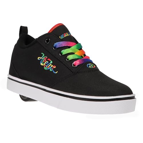 Heelys Girl's Pro 20 wheeled heel shoe in black rainbow with pink accents, size 12 UK child, featuring wheels for skating.