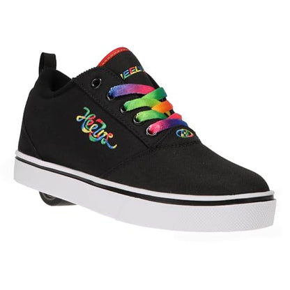 Heelys Girl's Pro 20 wheeled heel shoe in black rainbow with pink accents, size 12 UK child, featuring wheels for skating.