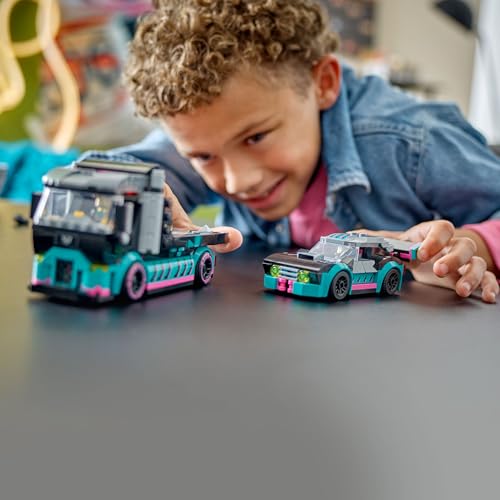 LEGO City race car and car carrier truck set with adjustable ramp, racer and driver minifigures for kids.