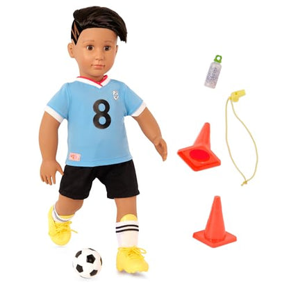 18-inch Our Generation Mateo boy doll in football jersey with training accessories and unique hair style. Huggable soft toy.