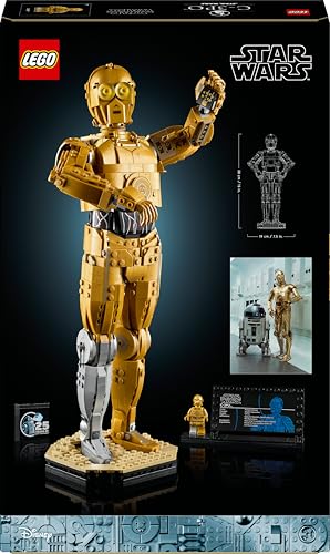 LEGO Star Wars C-3PO figure with stand, information plaque, and minifigure, ideal for collectors and fans of the series.