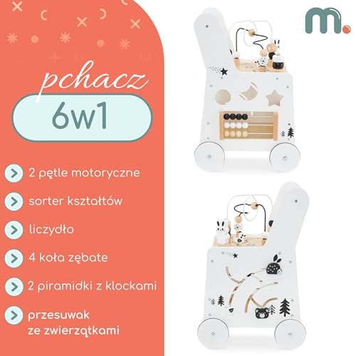 Mamabrum wooden baby walker with wheels featuring shape sorter, bead mazes, gears, abacus, stacking blocks, suitable for 12+ months.